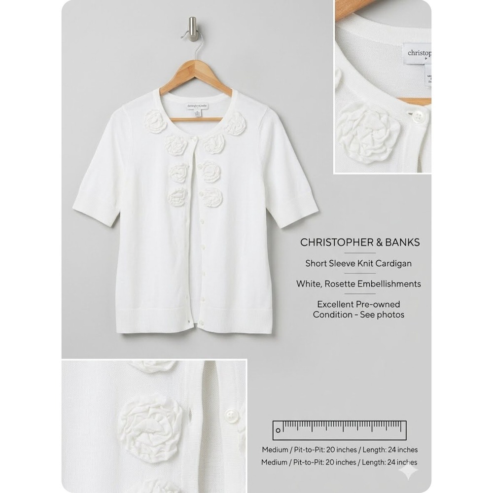 Christopher & Banks White Short Sleeve Rosette Knit Cardigan Sweater Medium